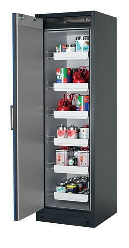 asecos Feuerbeständiger Gefahrstoffschrank Select W-66L, 6 Auszugswannen, Tür blau (links), 201031