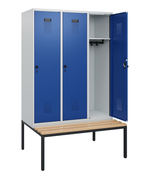 C+P Spind Evolo PLUS, 3 Abteile, 1950x1200x815mm, 7035/5010, Drehriegel, Sitzfläche Buche-Hartholz, Sitzbank, 0490505-32 S10006
