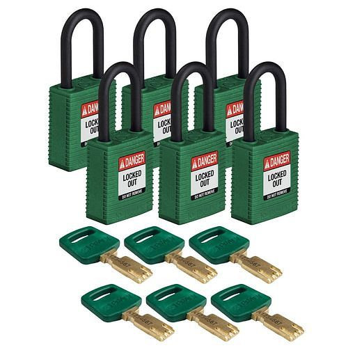 Brady Vorhängeschlösser Lockout, SafeKey aus Nylon, funkenfreies Gehäuse, VE: 6 Stück, grün, 309091