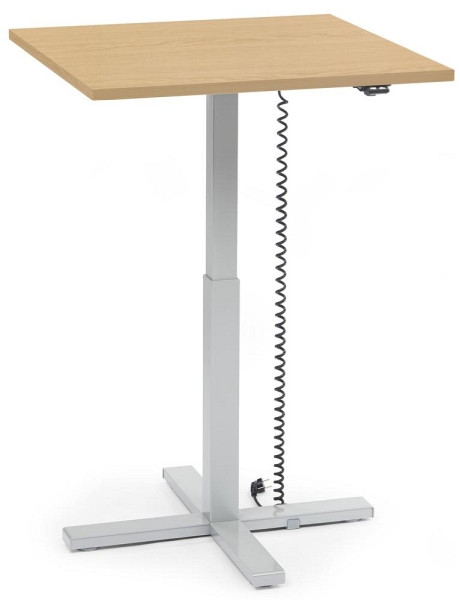 Deskin Sitz-/ Stehtisch MODUL elektromotorisch, höhenverstellbar, Platte Buchedekor, Gestell Alusilber, B 800 x T 800 x H 715 - 1205 mm, 294757