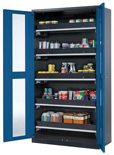 asecos Chemikalienschrank Systema-T CS-105G, Korpus anthrazit, Flügeltüren blau, 5 Tablarauszüge, 208985