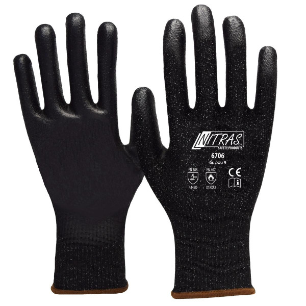 NITRAS Schnittschutzhandschuhe, schwarz, PU-Beschichtung, teilbeschichtet auf Innenhand und Fingerkuppen, schwarz, Größe: 10, VE: 100 Paar, 6706-10