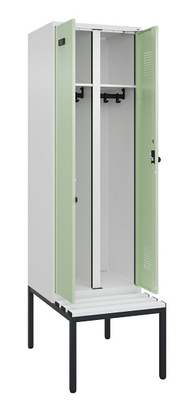 C+P Schwarz-Weiß-Spind Evolo PLUS, Bank, 2 Abteile, 2120x600x815mm, 9016/6019, Drehriegel, Sitzfläche Kunststoff, Sitzbank, 0490527-20 S10073
