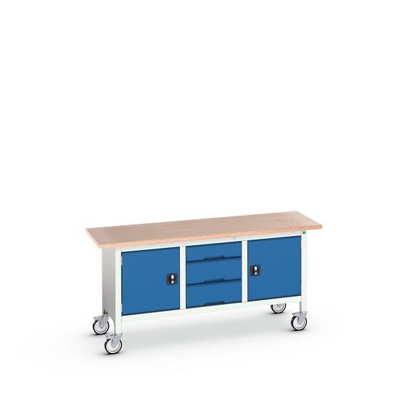 bott verso mobile Kastenwerkbank (Multiplex) mit 3 Schubladen und 2 Türen, BxTxH: 1750 x 600 x 830 mm, Lichtgrau / Enzianblau, 16923222.11