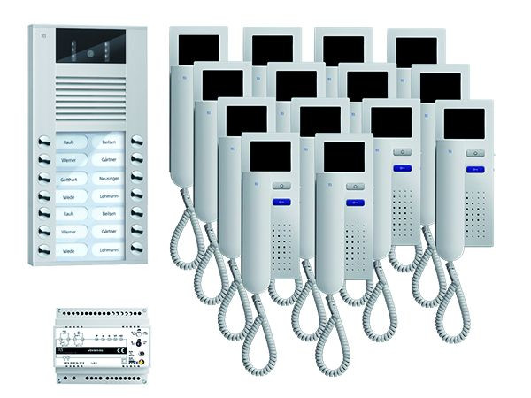 TCS Türkontrollsystem video:pack AP für 14 Wohneinheiten, mit Außenstation AVE 14 Klingeltasten, 14x Video Türtelefon IVH3222, Steuerung, PVE15140-0010