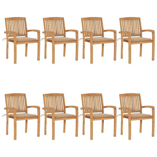 vidaXL Stapelbare Gartenstühle mit Kissen 8 Stück Massivholz Teak, 3073243