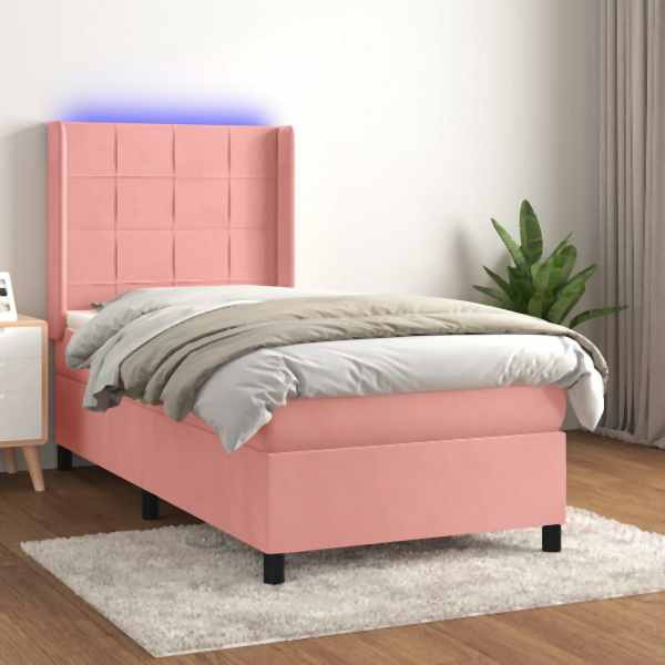 vidaXL Boxspringbett mit Matratze & LED Rosa 90x190 cm Samt, 3139540