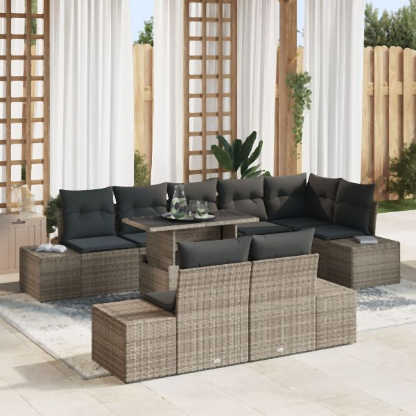 vidaXL Garten-Sofa-Set 9-teilig Grau Rattan Gartentische Rechteckig, 3349205