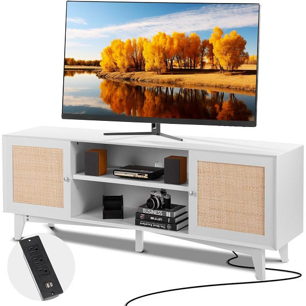 VEVOR Rattan-TV-Ständer 191cm Fernseher Boho-TV-Schrank Weiß Fernsehschrank, TBDSJ66INCHEZM914V2