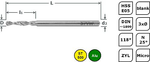 SPPW Kleinstbohrer HSS-E05 - N25° DIN1899 3xØ L: 25x1,0 Ø0,15, VE: 10 Stück, 4111210015