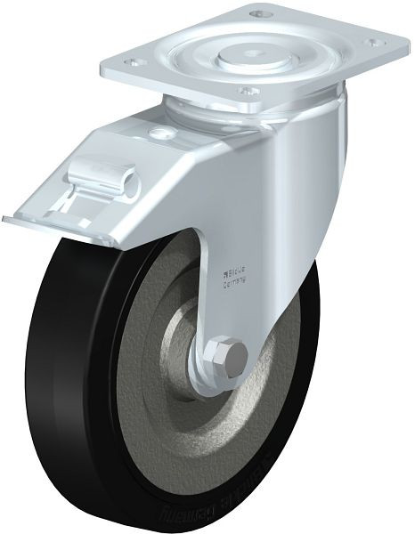 Blickle LH-SE 200K-FI Stahlblech-Lenkrolle, Schwerlast-Ausführung, mit Anschraubplatte & Feststeller, Elastik-Vollgummi, Schwarz, 562306