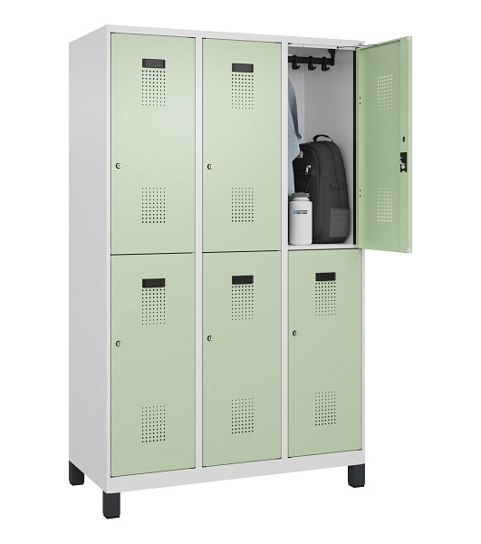 C+P Doppelstöckiger Spind Evolo PLUS, mit Füßen, 6 Fächer, 1950x1200x500mm, 901, Frontfarbe RAL 6019 Weissgrün, Zylinderschloss, 049310-32 S10046