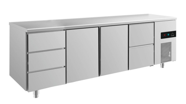 A&S Polarny Kühltisch -2 bis +8°C mit 2x Türen, 1x zwei Schubladen rechts und 1x drei Schubladen links, 2330 x 700 x 850 mm, KT4DTTZ