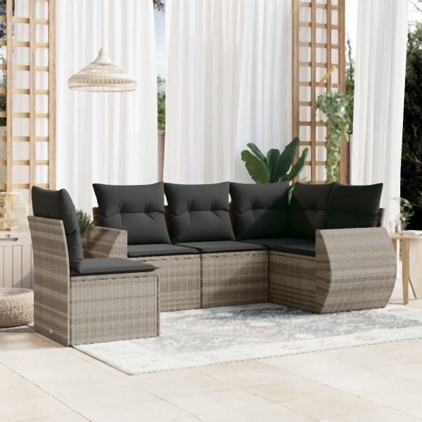 vidaXL 5-tlg. Garten-Sofagarnitur mit Kissen Hellgrau Poly Rattan, 3221371