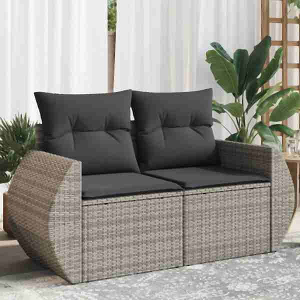 vidaXL Gartensofa 2-Sitzer mit Kissen Grau Poly Rattan, UV-beständig, 366124