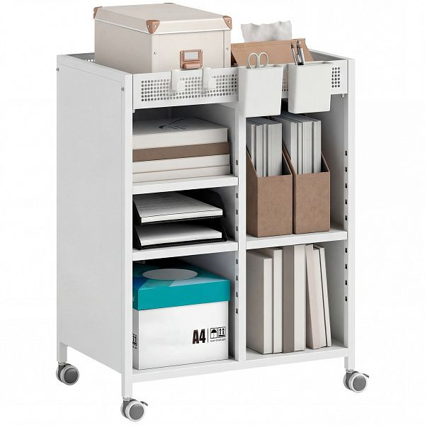 HOMCOM Bücherregal auf Rollen, 4-stufig, verstellbare Regalböden & Hängekörbe für Home Office und Wohnzimmer, Weiß, 83B-584V00WT