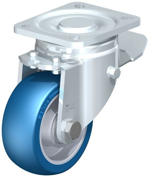 Blickle LH-ALBS 100K-1-ST Stahlblech-Lenkrolle, Schwerlast-Ausführung, mit Anschraubplatte & Feststeller, Blickle Besthane® Soft, Blau, 749958