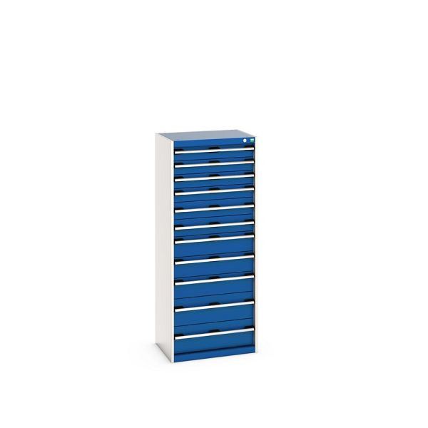 bott cubio Schubladenschrank bestückt, mit 11 Schubladen, BxTxH: 650x525x1600mm, RAL 7035/5010, Enzianblau, 40011067.11V