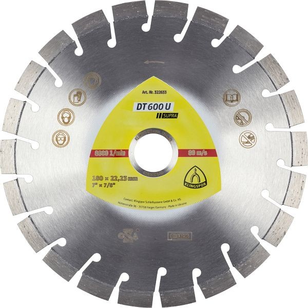 Klingspor DT 600 U Diamanttrennscheiben 180 x 2,6 x 22,23 mm 22 Segmente 20 x 2,6 x 9 mm Kurzverzahnung, für Winkelschleifer, 322633