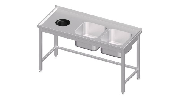 Stalgast Spültisch ohne Grundboden, mit Abfallloch, 1500x600x850 mm, mit zwei Becken links, mit Aufkantung, verschweißt, VST15608LA