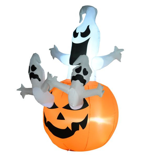 HOMCOM Aufblasbarer Kürbis Geist Gespenst Halloween Deko Figur Luftfigur mit LED Beleuchtung, Polyester, 120x120x180cm, 830-122