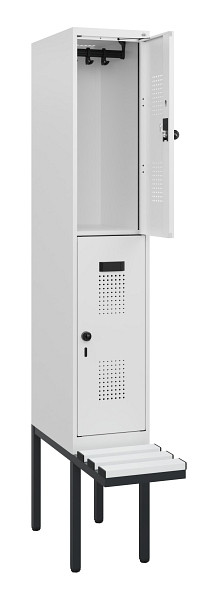 C+P Doppelstock-Spind Evolo PLUS, Bank, 2 Fächer, 1950x300x815mm, 9016/9016, Drehriegel, Sitzfläche Kunststoff, 0493405-10 S10120