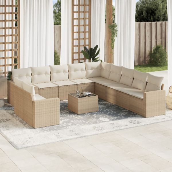 vidaXL 12-tlg. Garten-Sofagarnitur mit Kissen Beige Poly Rattan, 3251535