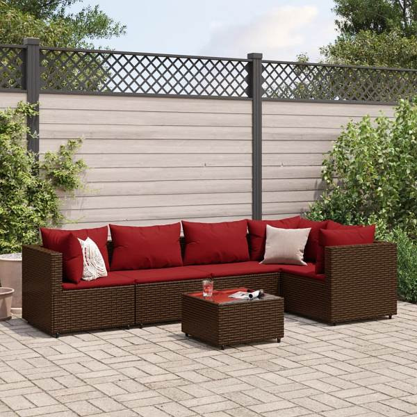 vidaXL 6-tlg. Garten-Lounge-Set mit Kissen Braun Poly Rattan, UV-beständig, 3308101