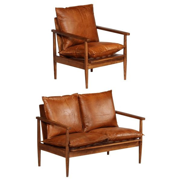 vidaXL 2-teilig Sofagarnitur Braun Echtleder und Massivholz Akazie, 3100743