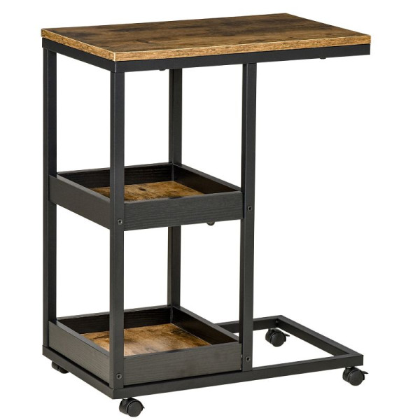 HOMCOM Beistelltisch mit Rädern für Sofa oder Bett, Industriestil, Stahl und Holz, Braun und Schwarz, 839-288