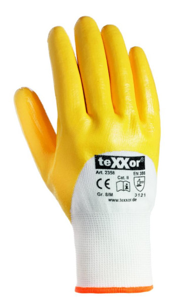 teXXor Polyester-Strickhandschuhe NITRIL BESCHICHTET, Größe: 8, Farbe: weiß/gelb, VE: 144 Paar, 2358-8