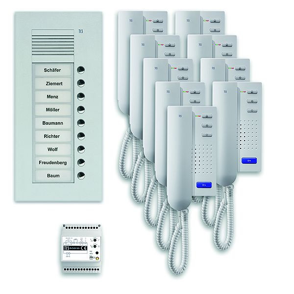 TCS Türkontrollsystem audio:pack UP für 9 Wohneinheiten, mit Außenstation PUK 9 Klingeltasten, 9x Türtelefon ISH3030, Steuergerät BVS20, PPU09-EN/02