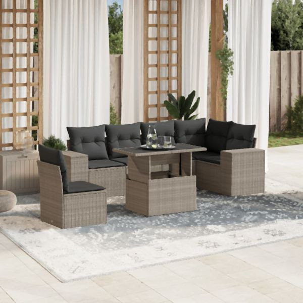 vidaXL 7-tlg. Garten-Sofagarnitur mit Kissen Hellgrau Poly Rattan, 3269202