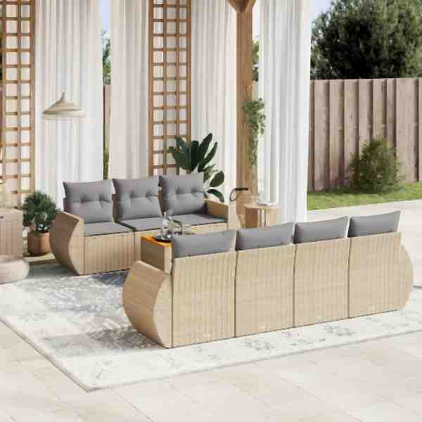 vidaXL 8-tlg. Garten-Sofagarnitur mit Kissen Beige Poly Rattan, UV-beständig, 3224911