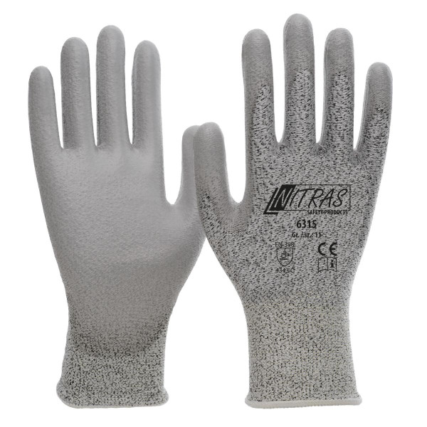 NITRAS Schnittschutzhandschuhe, grau, PU-Beschichtung, teilbeschichtet auf Innenhand und Fingerkuppen, grau, Größe: 9, VE: 100 Paar, 6315-9