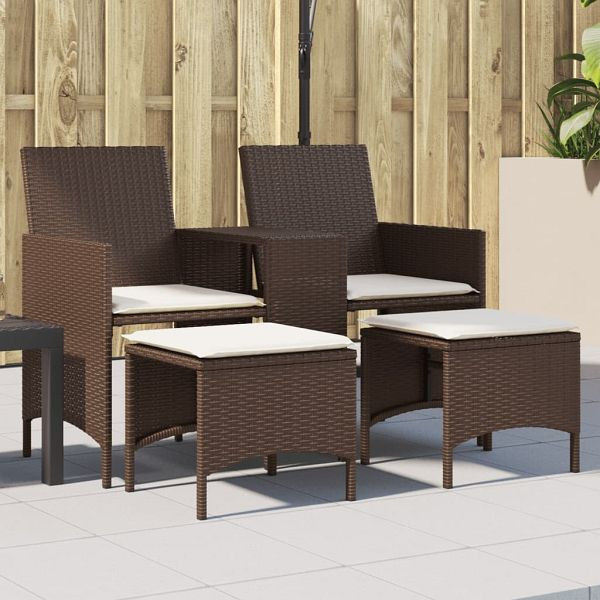 vidaXL Gartensofa 2-Sitzer mit Tisch und Hockern Braun Poly Rattan, 4003891