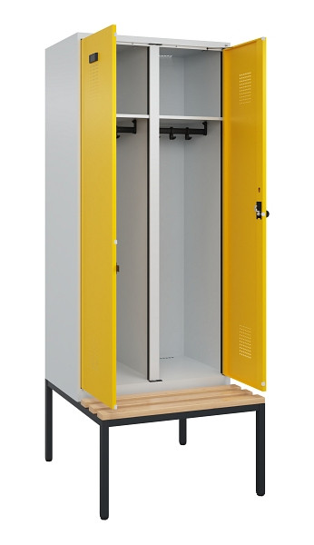 C+P Schwarz-Weiß-Spind Evolo PLUS, Bank, 2 Abteile, 2120x800x815mm, 7035/1023, Drehriegel, Sitzfläche Buche-Hartholz, Sitzbank, 0490527-22 S10001
