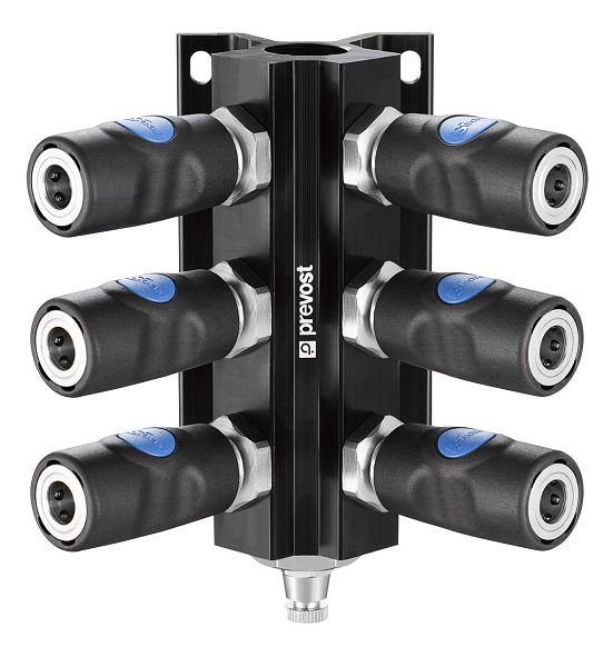 Prevost Rohrleitungsdose mit Innengewinde- Kupplungen und Ablass- Profil ISO 6150 B Durchgang 6 mm, Eingang mit IG BSPP=G 3/4, Ausgang=6xISI 06, MF 104S6IS