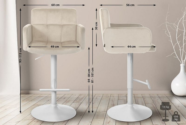 CLP Barhocker Los Angeles Samt weiß, creme, VE: 2 Stück, 327366