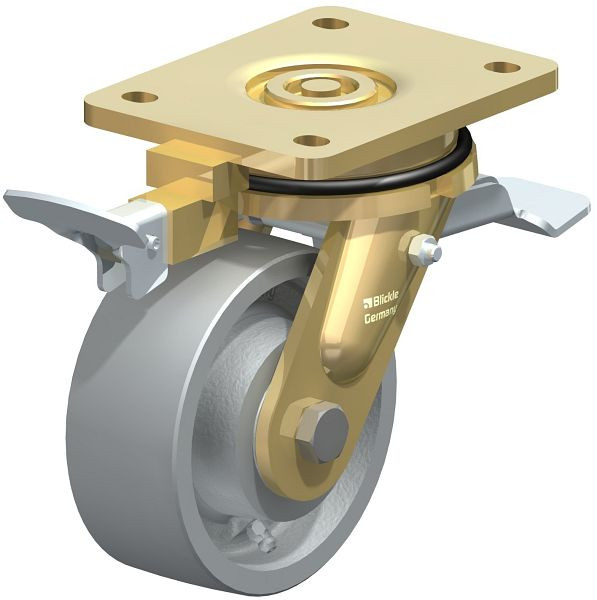 Blickle LS-G 127K-ST-RI4 Stahlgeschweißte Schwerlast-Lenkrolle, schwere Drehkranz-Ausführung mit Feststeller, Guss, Grau, 853088