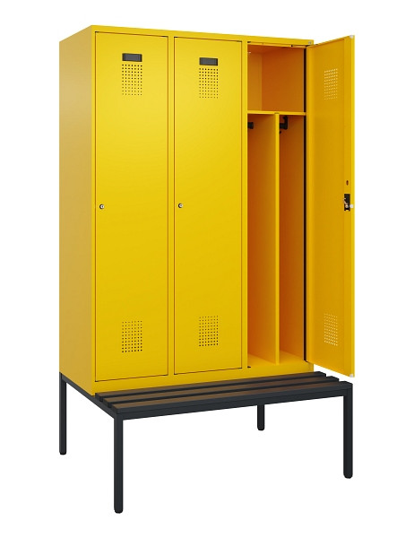 C+P Spind Evolo PLUS, 3 Abteile, 2120x1200x815mm, 1023/1023, Haken 4, Zylinderschloss, Sitzfläche Kunststoff, Sitzbank, Trennwand, 0490507-32F S10102