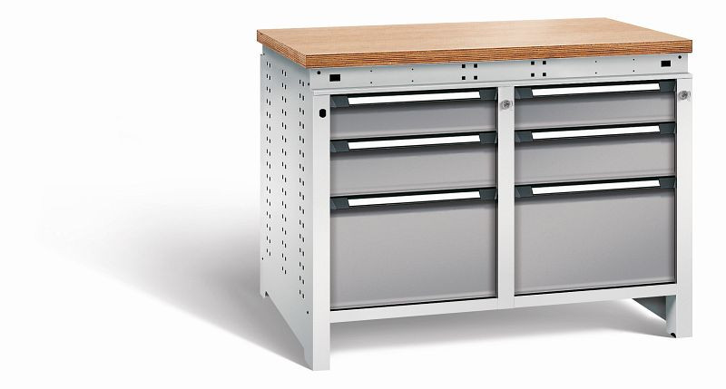 Otto Kind Werkbank Serie function Typ 215, Multiplexplatte 40 mm, bündig, 2x Unterbau + Zentralverschluss, Gehäuse RAL 7035, Front RAL 7037, 072345167