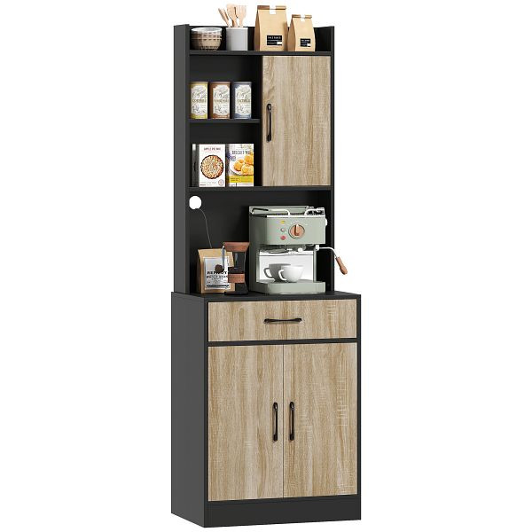 HOMCOM Küchenschrank mit Arbeitsfläche und Kabelloch, moderne Küchenkommode mit Schublade, 3 offene Regale, Naturholz, Schwarz, 83A-340V90BK