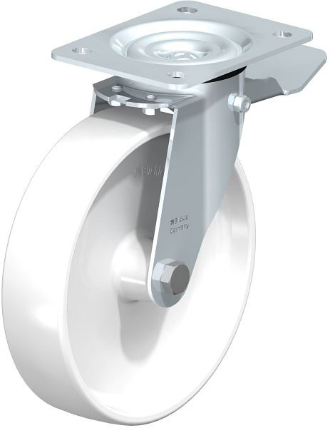 Blickle LE-PO 200G-ST Stahlblech-Lenkrolle mit Anschraubplatte & Feststeller, Polyamid, Weiß, 318543