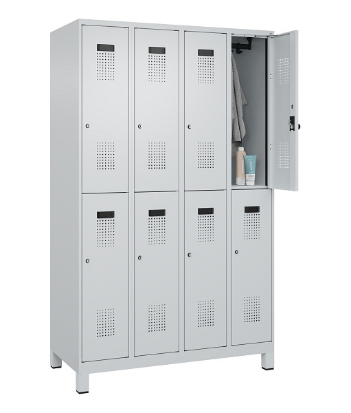 C+P Doppelstöckiger Spind Evolo PLUS, mit Füßen, 8 Fächer, 1950x1200x500mm, 703, Frontfarbe RAL 7035 Lichtgrau, Zylinderschloss, 049310-40 S10040