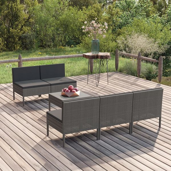 vidaXL 6-tlg. Garten-Lounge-Set mit Auflagen Poly Rattan Grau, 3094322