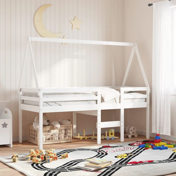 vidaXL Hochbett mit Dach Weiß 90x190 cm Massivholz Kiefer, 3282099