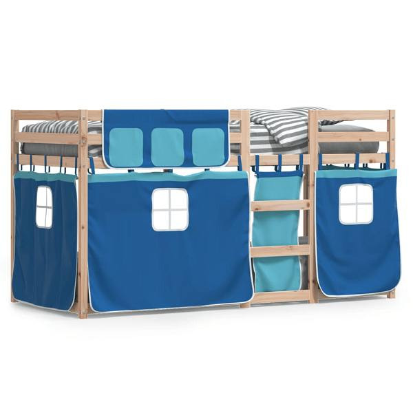 vidaXL Etagenbett mit Vorhängen Blau 75x190 cm Massivholz Kiefer, 3283911
