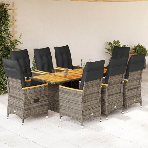 vidaXL 9-tlg. Garten-Essgruppe mit Kissen Grau Poly Rattan, UV-beständig, 3276853