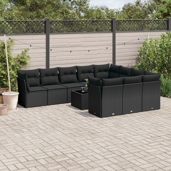 vidaXL 11-teilig Garten-Sofagarnitur mit Kissen Schwarz Poly Rattan, 3218225